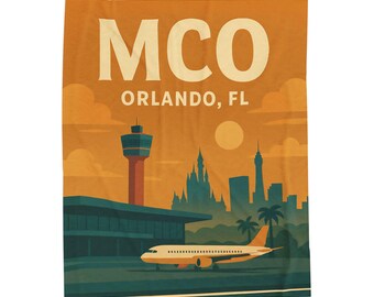 Orlando MCO Airport Plush Blanket, Retro Travel Home Decor