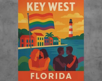 Key West Florida Vintage Style Travel Poster LGBTQ Retro Art Print Rainbow Coastal Decor
