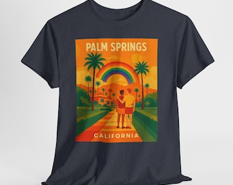 Palm Springs Pride Vintage Style LGBTQ Retro Graphic Tee California Rainbow Classic Cotton Shirt