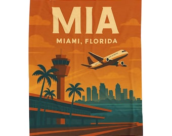 Miami MIA Airport Plush Blanket, Retro Travel Throw