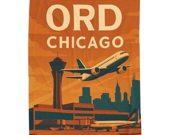 Chicago ORD Airport Plush Blanket, Retro Travel Throw