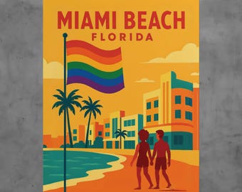 Miami Beach Florida Vintage Style Travel Poster LGBTQ Retro Art Print Rainbow Coastal Decor