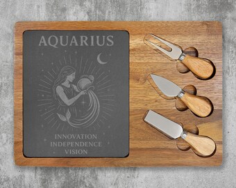 Aquarius Engraved Charcuterie Board | Slate & Acacia Serving Board, Zodiac