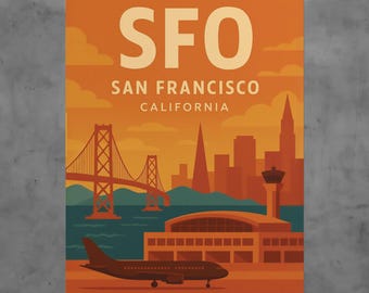 Vintage SFO Airport Poster, San Francisco Travel Art Print