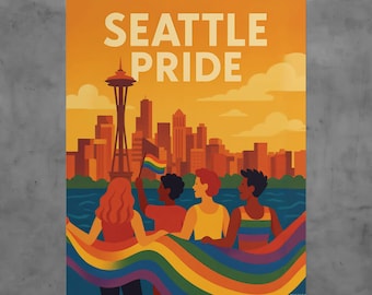 Seattle Pride Vintage Style Travel Poster LGBTQ Retro Art Print Washington Rainbow Decor