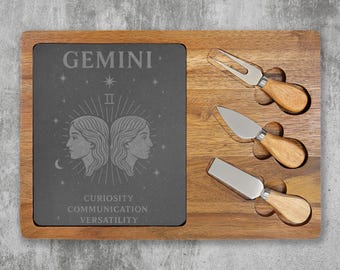 Gemini Zodiac Charcuterie Board | Engraved Slate & Acacia Serving Board | Astrology Kitchen Gift