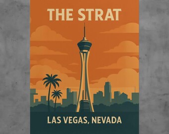 The STRAT Las Vegas Poster Retro Tower Casino Wall Art Skyline Vegas Strip Travel Print