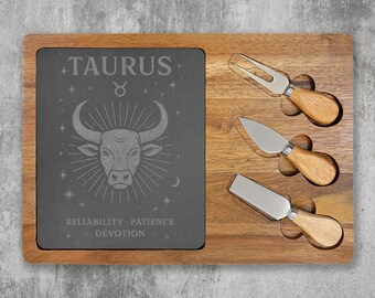 Engraved Taurus Zodiac Charcuterie Board | Acacia Wood & Slate, Cheese Knives