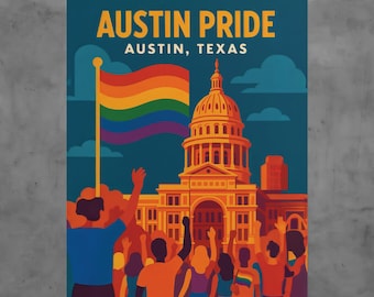 Austin Pride Vintage Style Travel Poster LGBTQ Retro Art Print Texas Rainbow Wall Decor