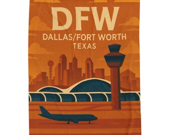 DFW Airport Plush Blanket, Retro Texas Travel Throw