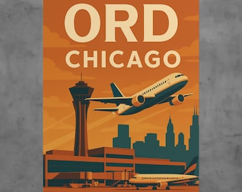 Vintage Chicago ORD Airport Travel Poster, Mid-Century Aviation Art