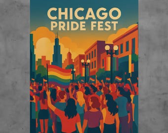 Chicago Pride Fest Vintage Style Travel Poster LGBTQ Art Print Rainbow Retro Wall Decor