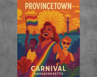 Provincetown Carnival Vintage Style Travel Poster LGBTQ Retro Art Print Ptown Pride Decor