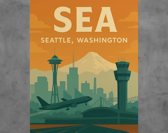 Vintage Seattle SEA Airport Poster, Pacific Northwest Travel Print