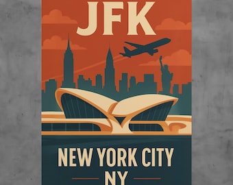 Vintage JFK Airport Poster, Retro NYC Skyline Travel Print