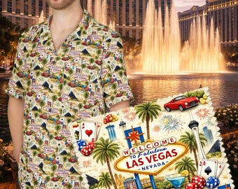 Retro Las Vegas Hawaiian Shirt Vintage Neon Casino Print Button Up Unisex Summer Resort Shirt