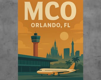 Vintage Orlando MCO Airport Travel Poster, Retro Aviation Art