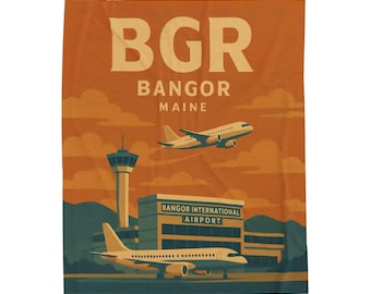 Bangor Airport Plush Blanket, Retro Maine Travel Throw