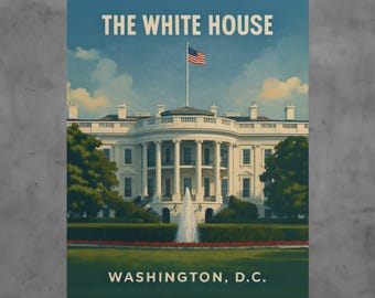 Vintage White House Poster, Washington DC Landmark Art Print