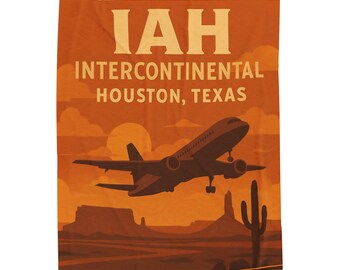 Houston IAH Airport Plush Blanket, Texas Throw, Retro Space City Design, Cozy Aviation Gift for Adults