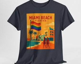 Miami Beach Pride Vintage Style LGBTQ Retro Graphic Tee Classic Unisex Cotton Shirt
