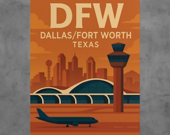 Vintage DFW Airport Poster, Retro Texas Travel Print