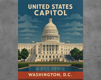 US Capitol Poster, Washington DC Art Print, Retro Travel Decor