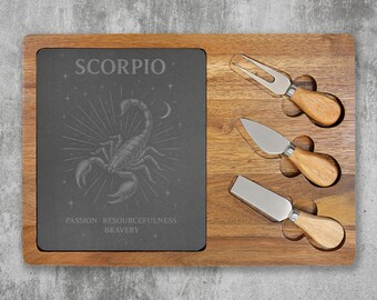 Scorpio Zodiac Charcuterie Board Engraved Slate Acacia Wood