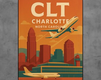 Vintage Charlotte CLT Airport Poster, North Carolina Travel Art