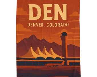 Denver Airport Plush Blanket, Retro Travel Throw, Mountain Decor
