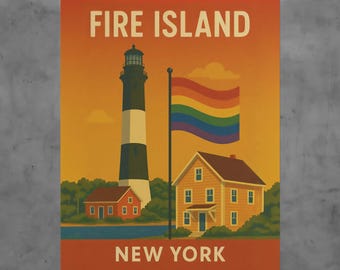 Fire Island New York Vintage Travel Poster, LGBTQ Beach Art Print