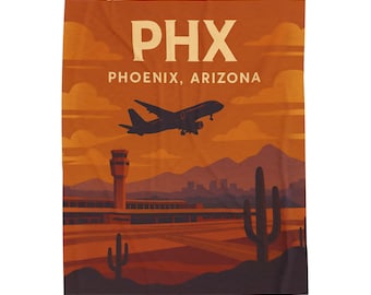 Phoenix PHX Airport Plush Blanket, Retro Arizona Aviation Throw