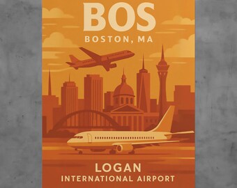 Vintage Boston Airport Travel Poster, Retro Aviation Art Print