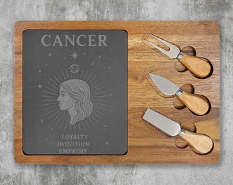 Cancer Zodiac Charcuterie Board | Engraved Slate & Acacia Cheese Board | Astrology Kitchen Gift