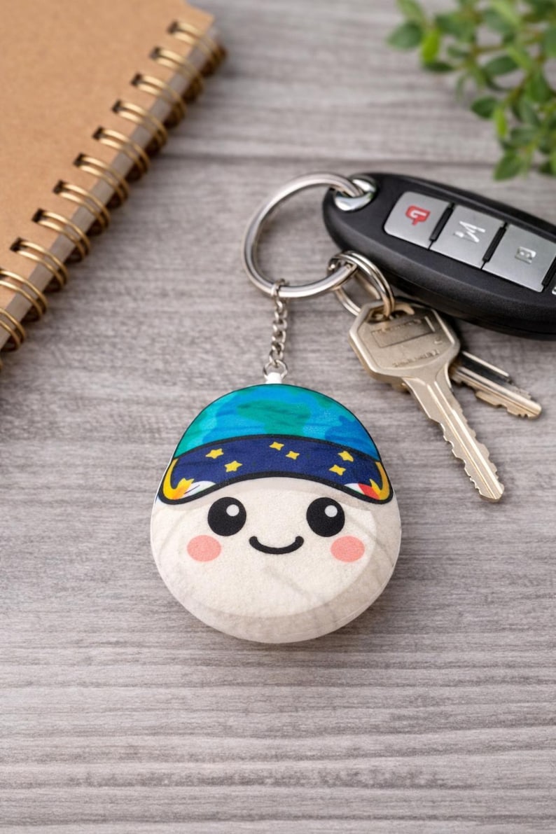 May include: A round keychain with a smiling face design. The keychain features a blue and yellow hat with stars, a white face, and pink cheeks. The keychain is attached to a silver chain and a keyring with keys and a car key fob.