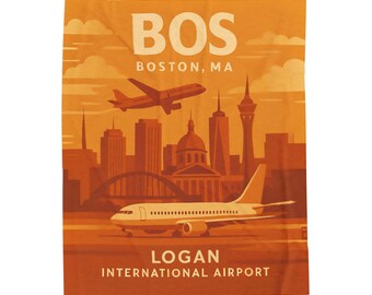 Boston Airport Plush Blanket, Retro Aviation Throw, Travel Home Decor