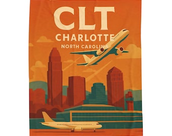Charlotte CLT Airport Throw Blanket, Retro Aviation, North Carolina Gift