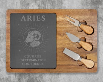 Aries Zodiac Charcuterie Board | Engraved Slate & Acacia Cheese Set