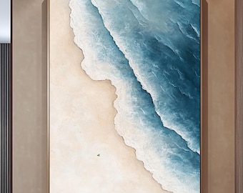 Original Abstract Seascape Oil Painting: Blue Beige Beach Canvas Art