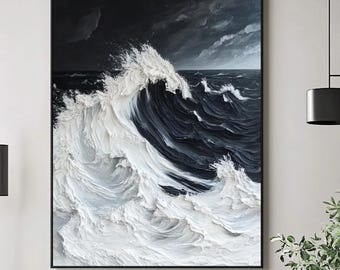 Black and White 3D Textured Ocean Wave Painting: Modern Handmade Neutral 3D Decor