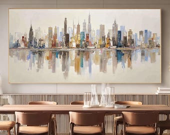 Large Abstract City Skyline Oil Painting, Cityscape Wall Art for Living Room Office