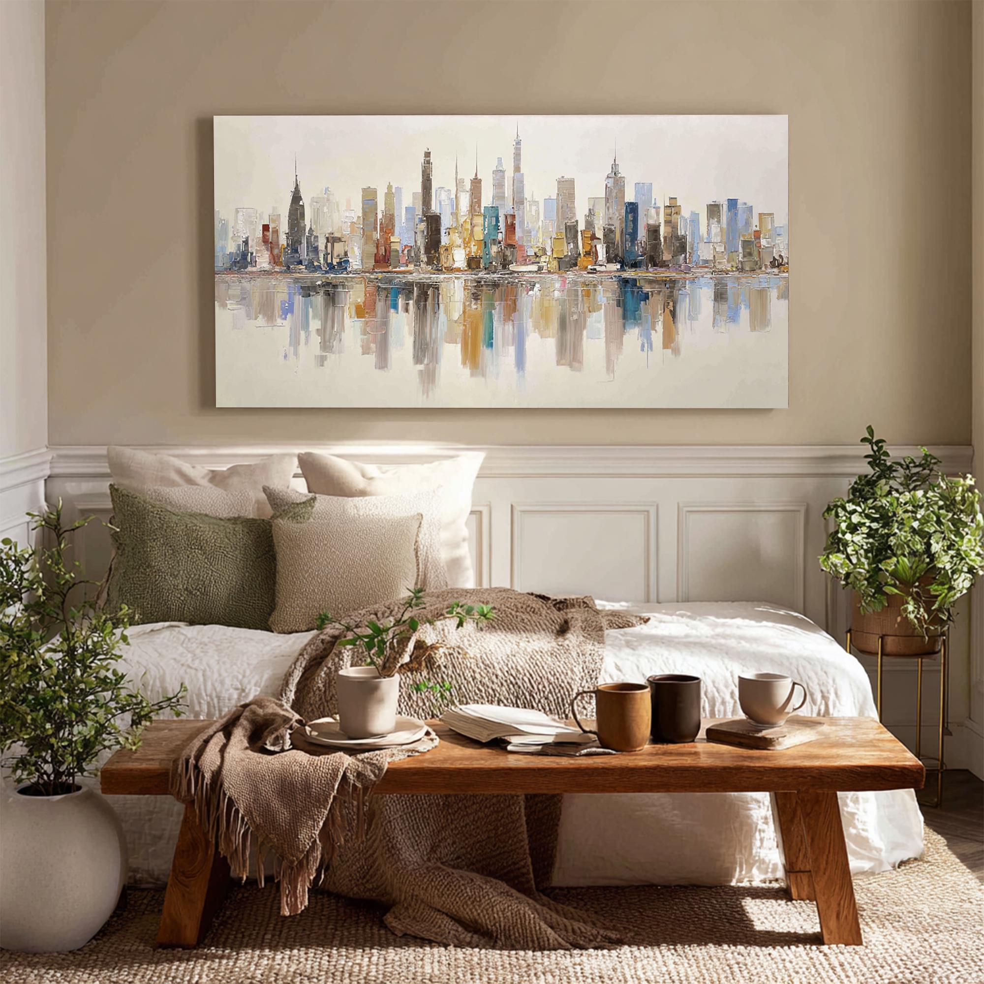 Large Abstract City Skyline Oil Painting, Cityscape Wall Art for Living ...
