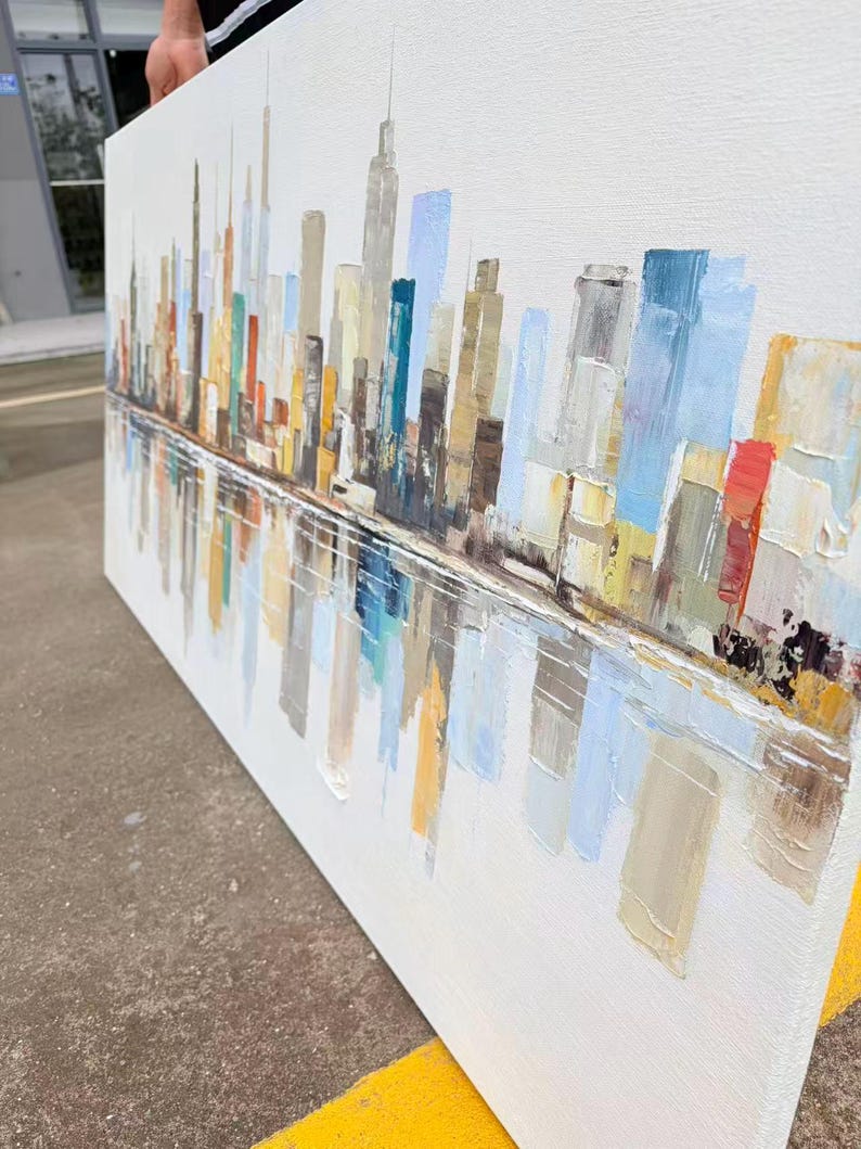 Large Abstract City Skyline Oil Painting, Cityscape Wall Art for Living ...