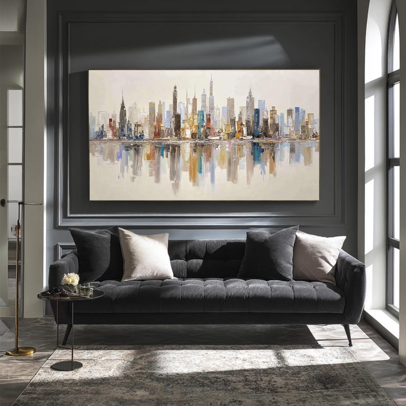 Large Abstract City Skyline Oil Painting, Cityscape Wall Art for Living ...
