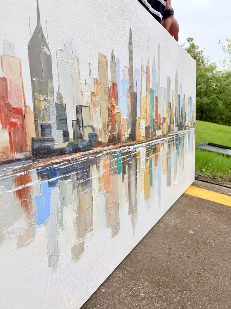 Large Abstract City Skyline Oil Painting, Cityscape Wall Art for Living ...