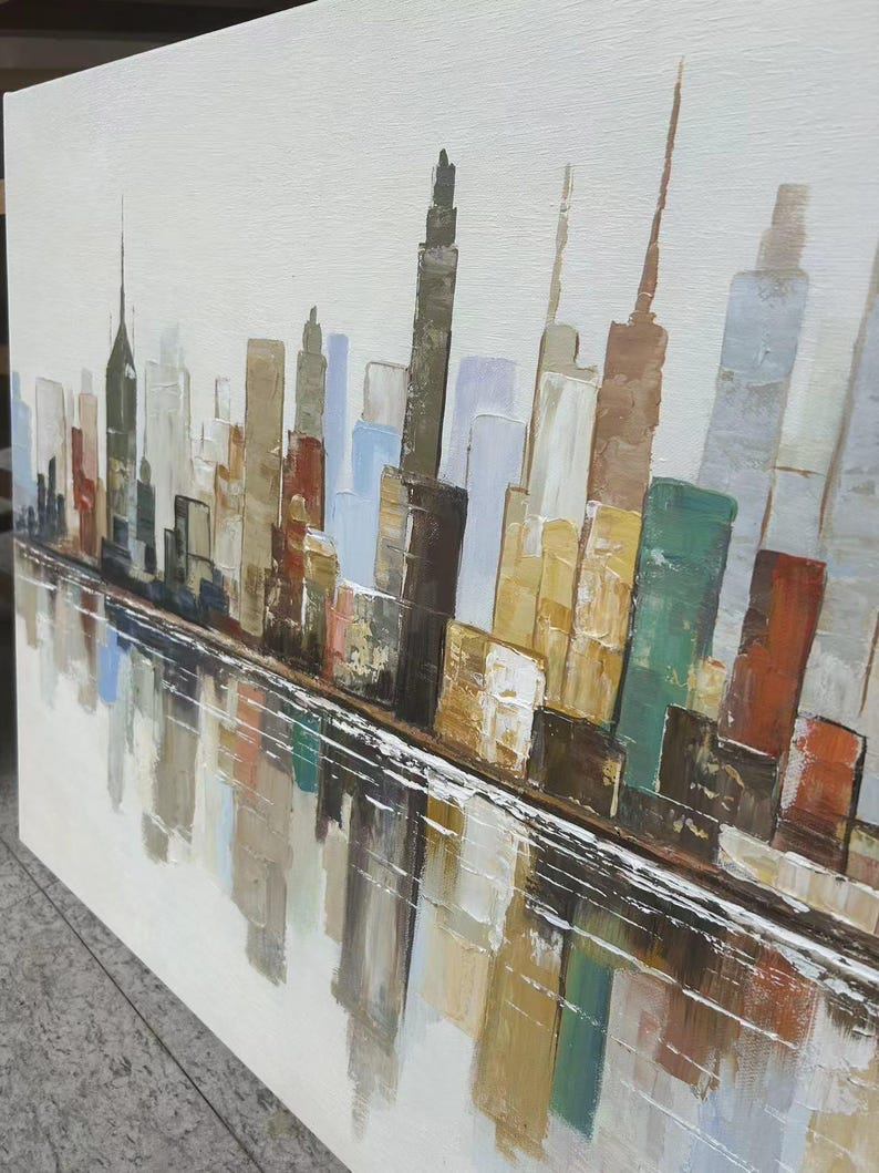 Large Abstract City Skyline Oil Painting, Cityscape Wall Art for Living ...