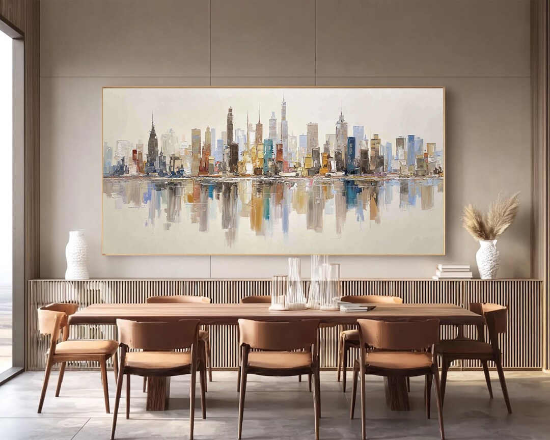Large Abstract City Skyline Oil Painting, Cityscape Wall Art for Living ...