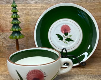 Vintage Stangl Thistle Cup & Saucer, Hand-Painted Pink Green Floral, Mid-Century American Pottery