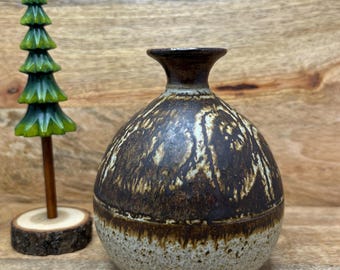 Vintage Japanese Studio Pottery Vase, Mingei Stoneware, Brown Cream Abstract Glaze, 1960s 1970s