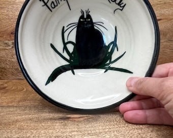 Vintage Moonfire Pottery Pampered Kitty Bowl, Hand-Painted Black Cat, 2004